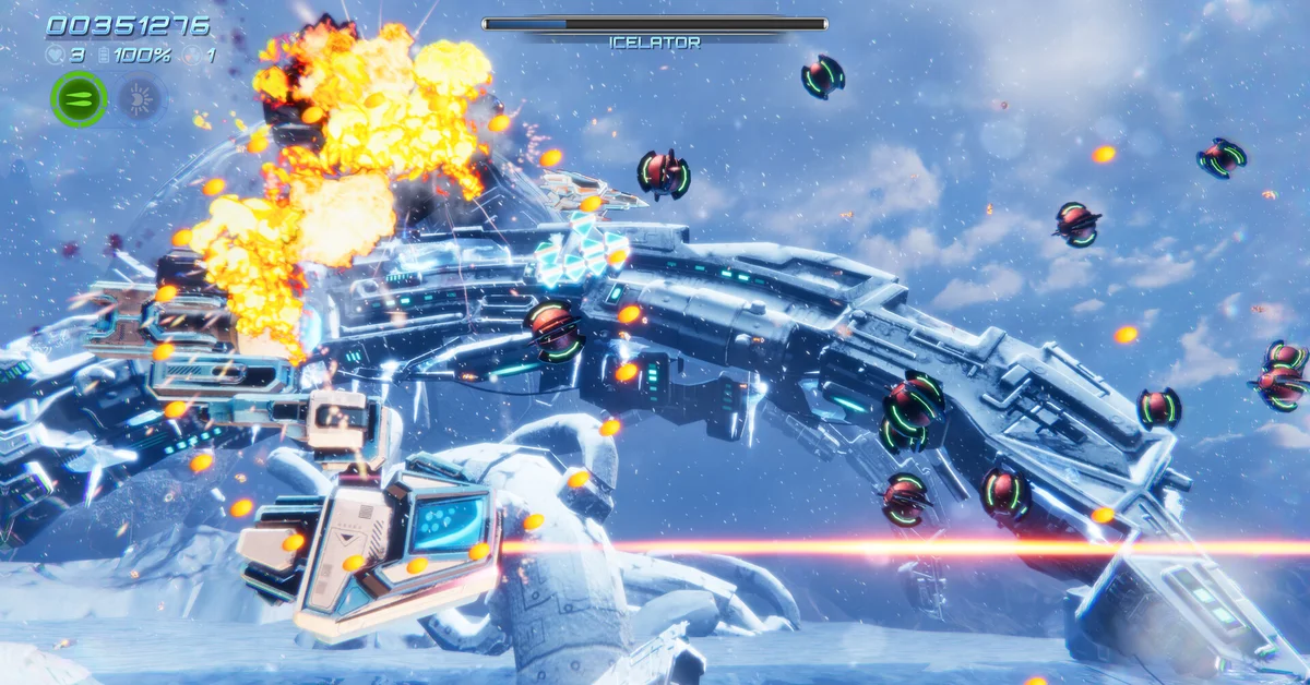 A ship firing at a giant mechanical boss over snow in an official Sturmjäger screenshot