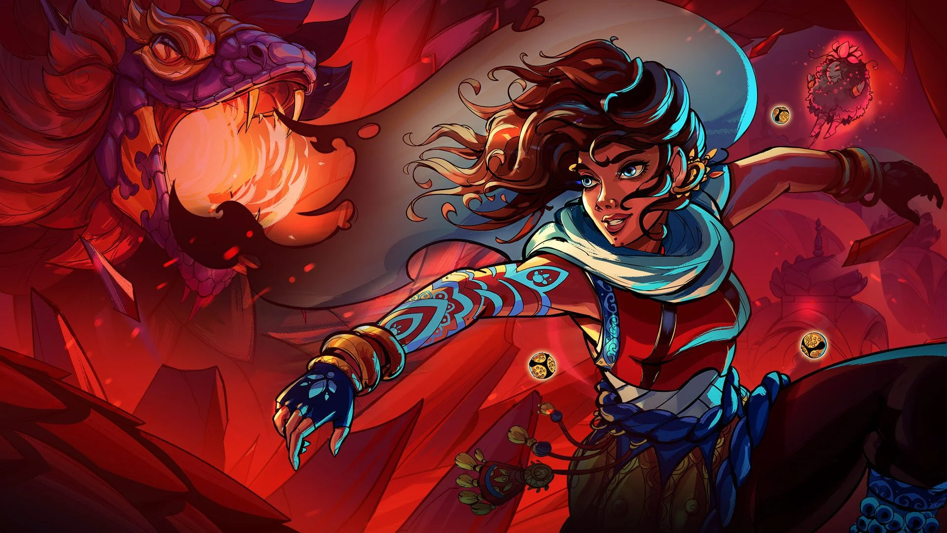 Official Suri: The Seventh Note key art showing its heroine leaping in front of a giant red serpent-like creature