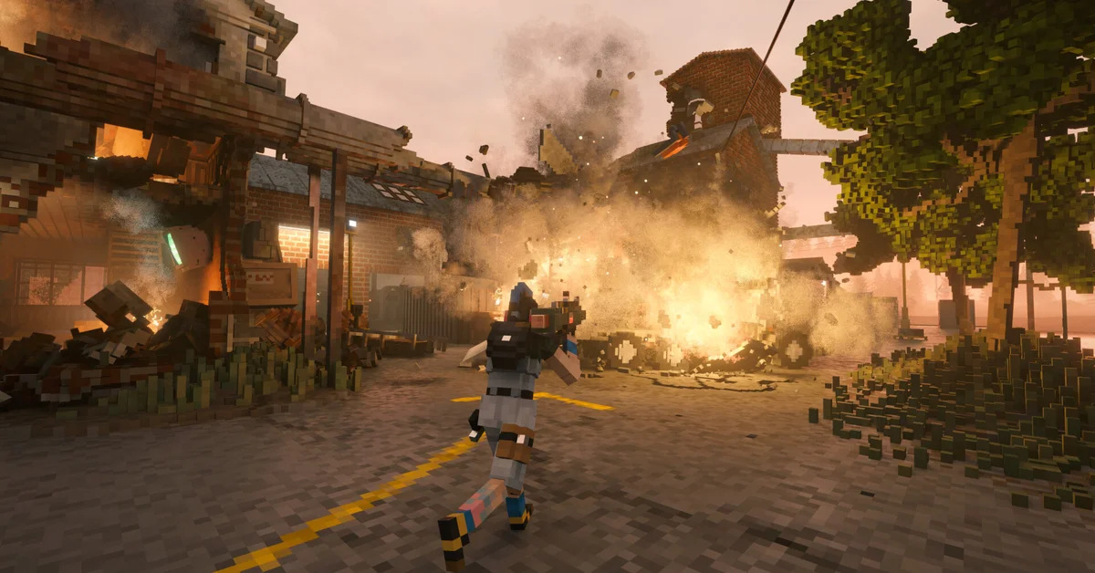 A voxel building exploding behind a running player in Teardown