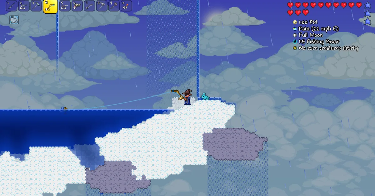 A Terraria player in a wizard hat fishing from a cloud-covered sky island in the rain