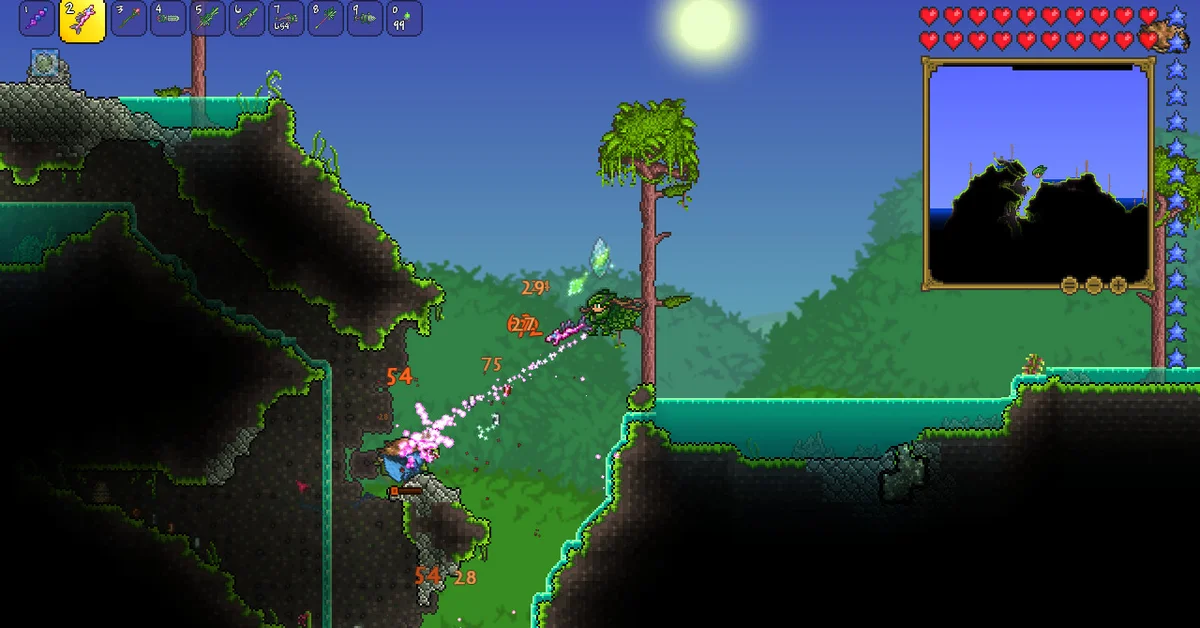 A sunlit surface Jungle in Terraria with a pink magic attack in mid-flight and the minimap open in the corner