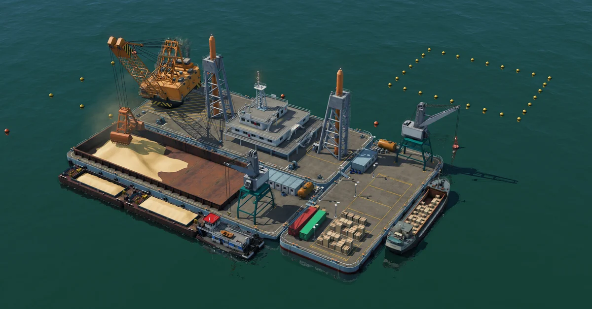 An offshore industrial platform with a cargo ship in an official Transport Fever 3 screenshot