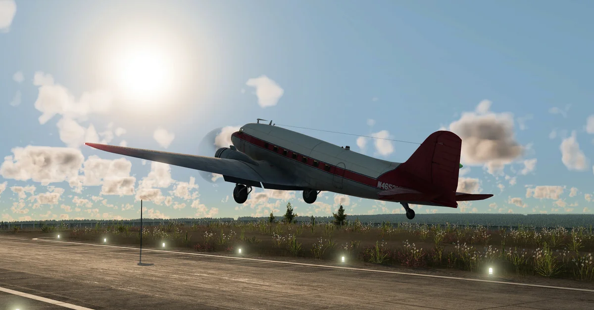 A vintage propeller plane taking off in an official Transport Fever 3 screenshot