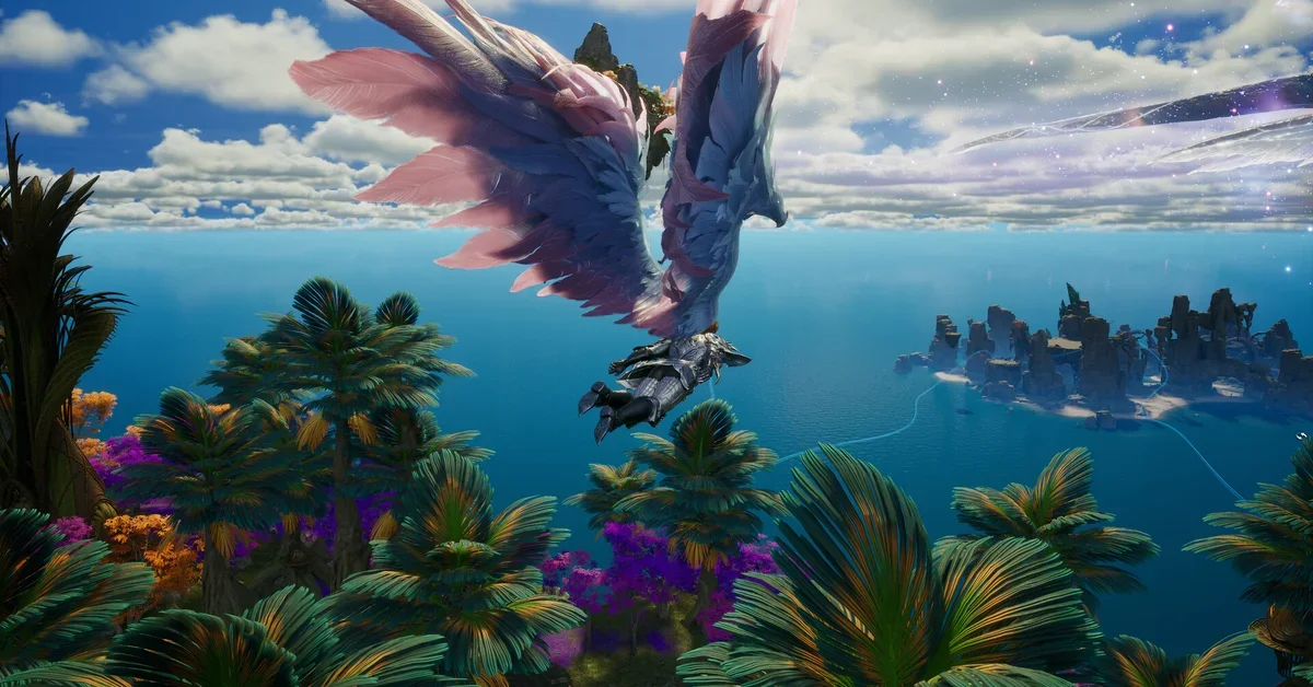 A winged Daeva flying over the sea in AION 2