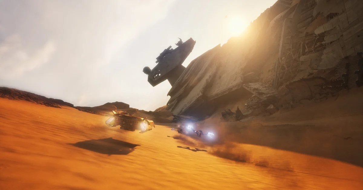 A podracer speeding across desert dunes in Star Wars Galactic Racer