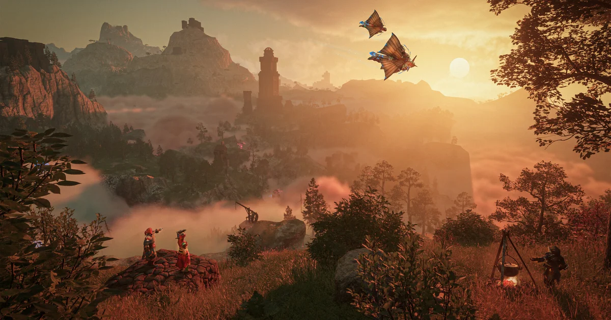 A sunset over the misty valleys of Enshrouded