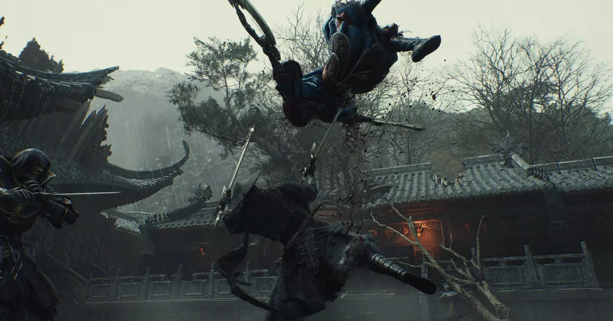 A swordsman leaping across rooftops in Phantom Blade Zero