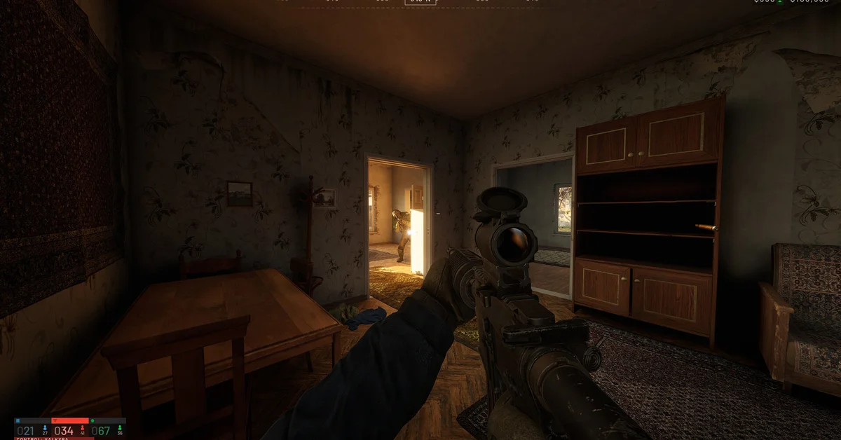 First-person WARDOGS view with a scoped rifle inside a dimly lit room
