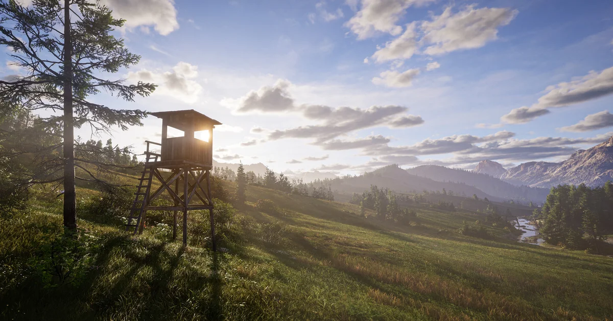 A hunting stand on a sunny hillside in an official Way of the Hunter 2 screenshot