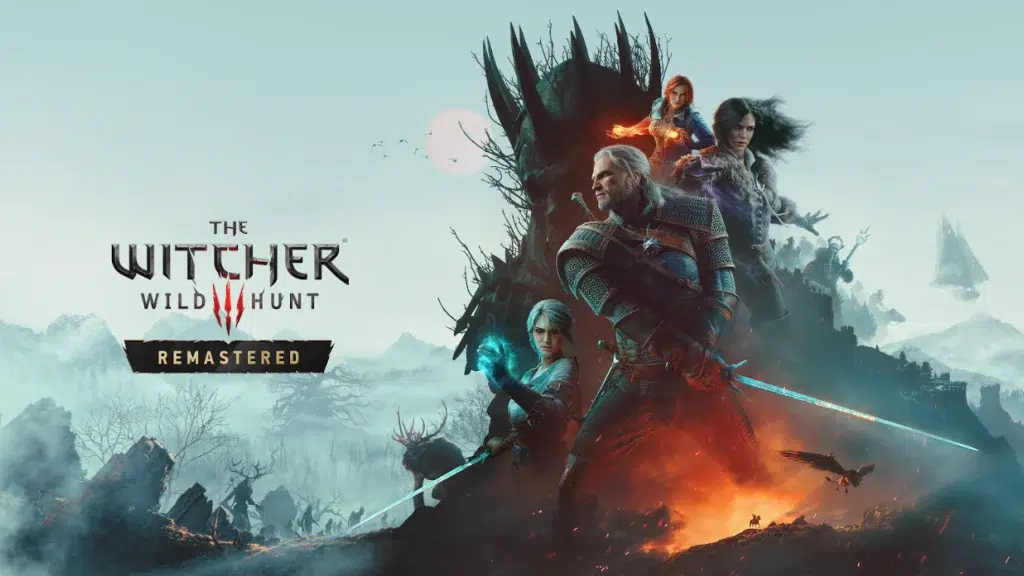 Official key art for The Witcher 3 Wild Hunt Remastered showing Geralt, Ciri, Yennefer and Triss