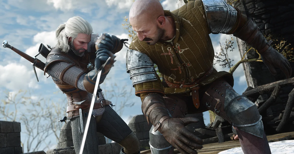 Geralt locking swords with a bald brawler in an official The Witcher 3 screenshot