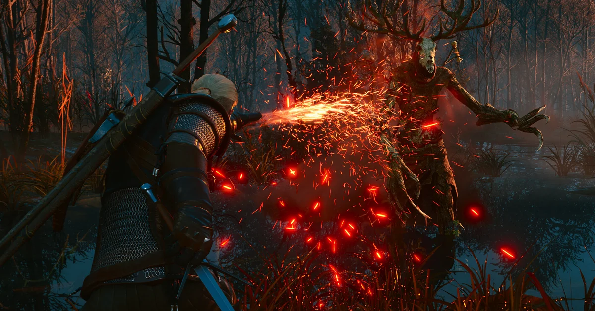 Geralt casting the fiery Igni sign at a monster in a swamp in an official The Witcher 3 screenshot