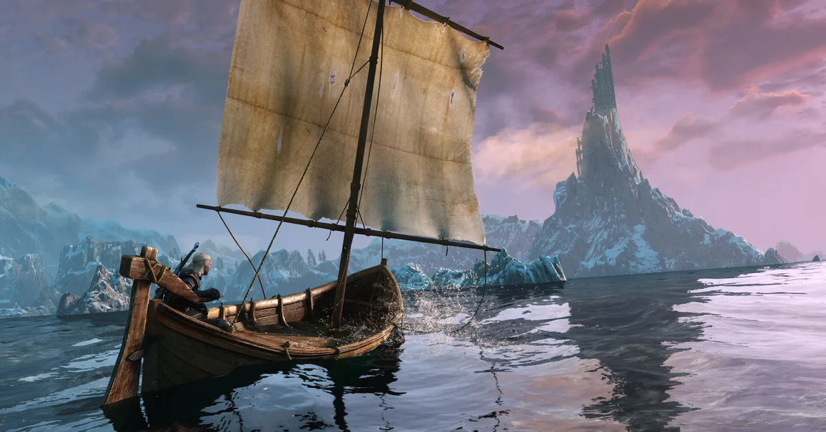 A sailboat on open water beside a rocky island in an official The Witcher 3 screenshot