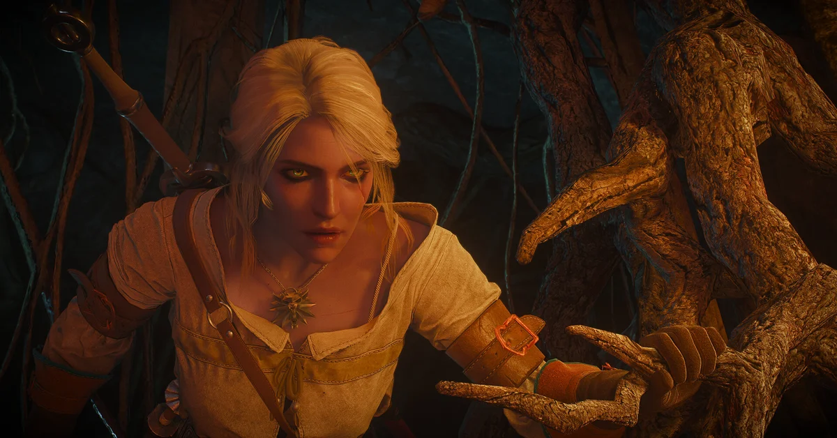 Ciri reaching out in a dark forest in an official The Witcher 3 screenshot