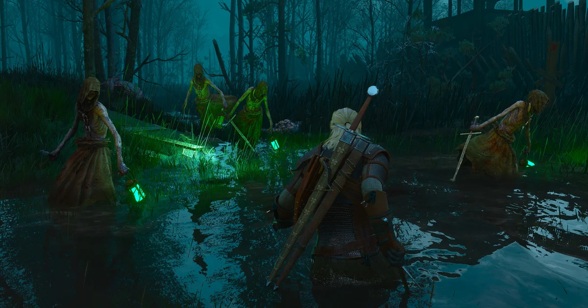 Geralt fighting swamp creatures glowing with green magic in an official The Witcher 3 screenshot