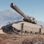 A heavy tank with a long gun parked on a rocky desert ridge in World of Tanks