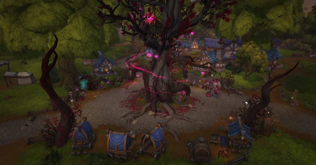 A World of Warcraft Midnight housing neighborhood built around a large tree with glowing pink blossoms