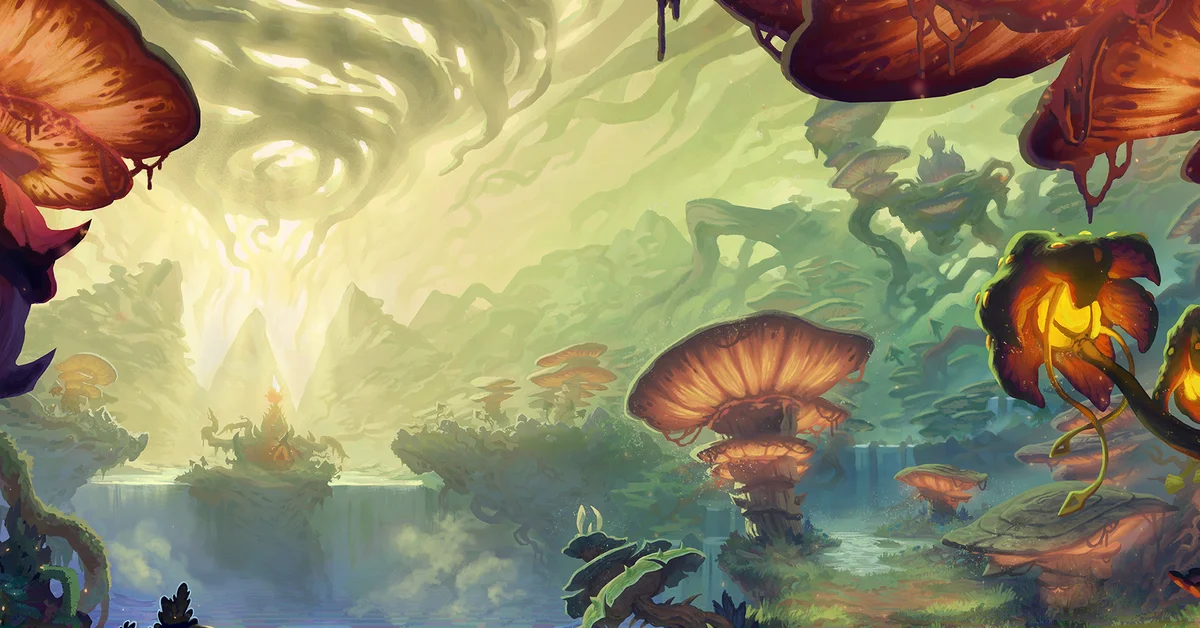 Concept art of Harandar in World of Warcraft Midnight, a jungle of giant mushrooms around a misty lake