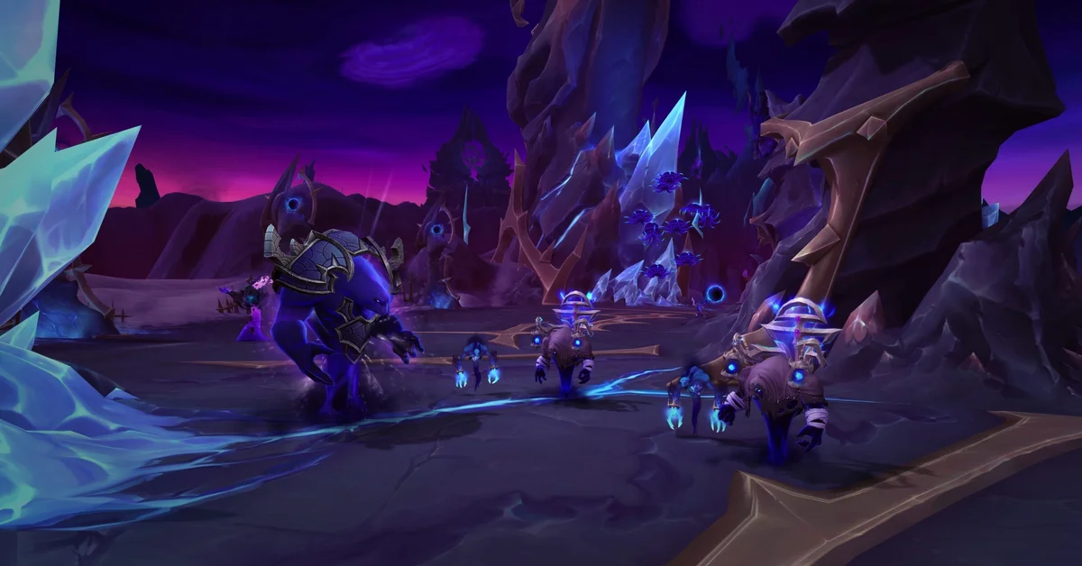Void-touched creatures prowling a dark purple alien landscape with blue crystals in World of Warcraft Midnight