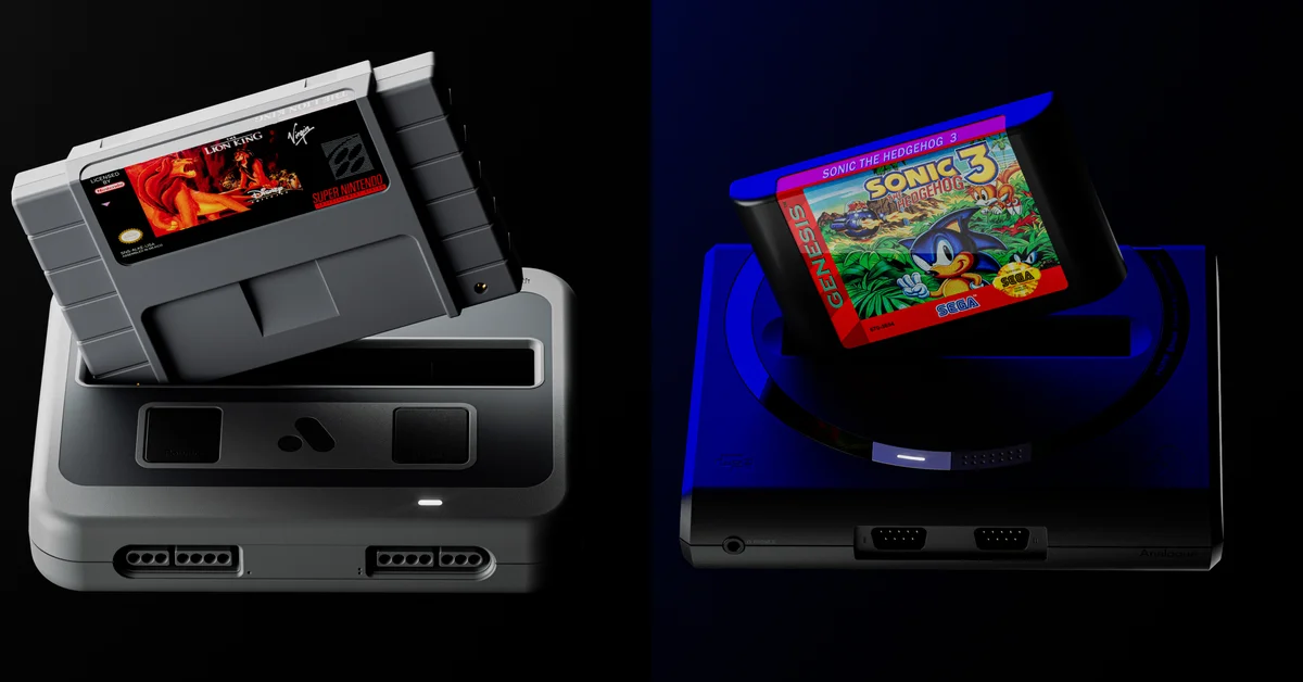 The Super Nt+ with a Super Nintendo cartridge and the Mega Sg+ with a Sega Genesis cartridge in official Analogue product images