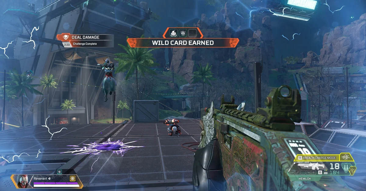 Revenant holding a Hemlok as a Wild Card Earned banner appears after a Deal Damage challenge in Apex Legends