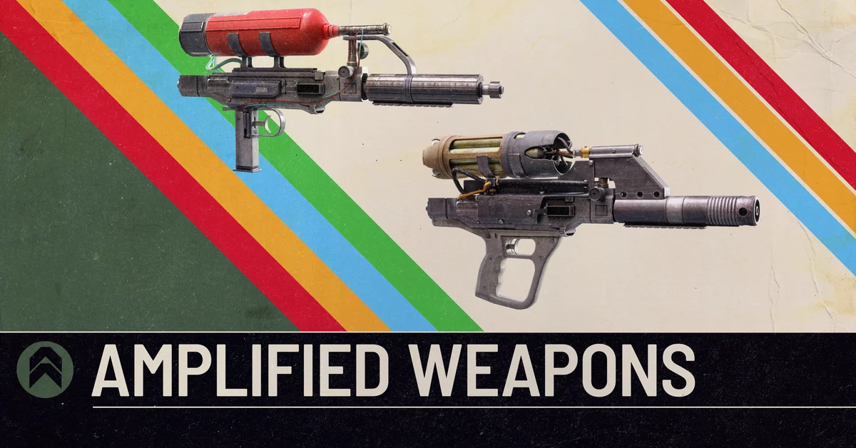 Official ARC Raiders Amplified Weapons artwork showing two upgraded guns on a striped retro background