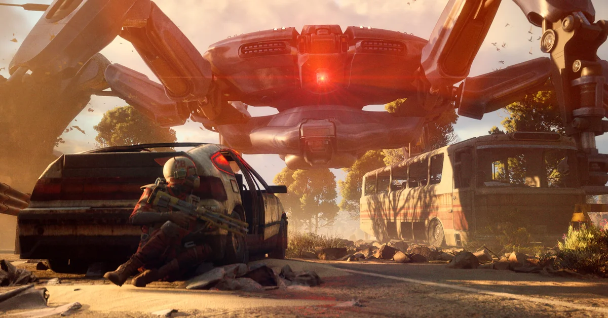 An ARC Raiders raider taking cover behind a wrecked car as a giant ARC machine looms over the road