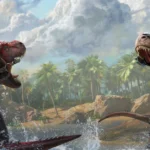 Two armored tyrannosaurs with riders clash in shallow water on a tropical beach in official ARK: Survival Ascended key art