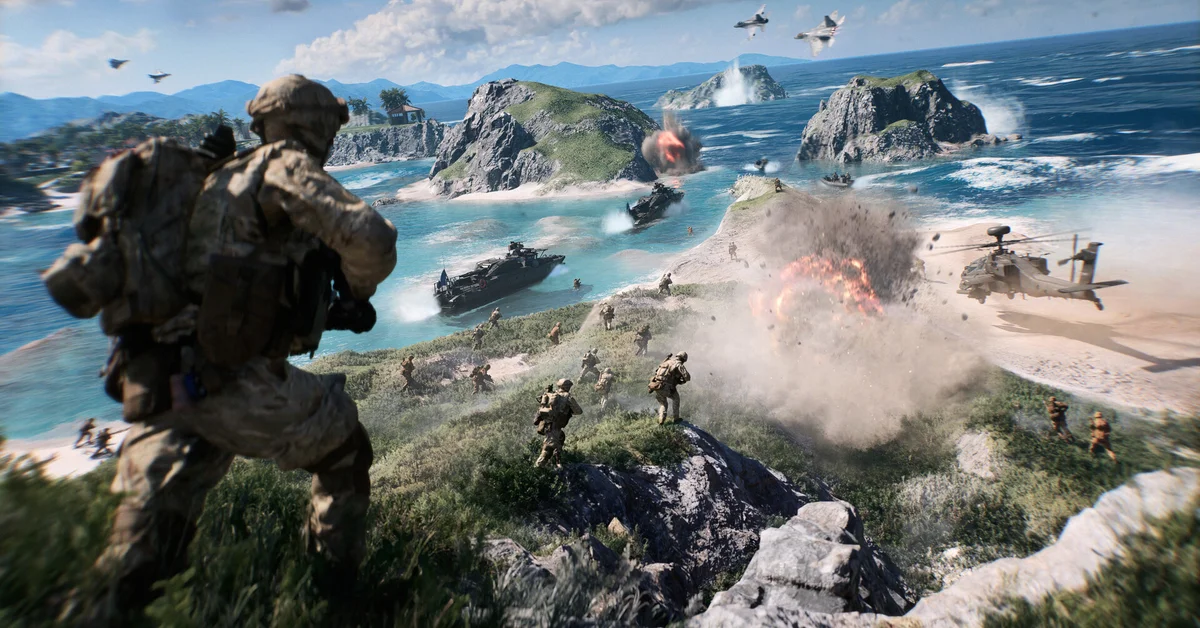 Soldiers fighting on an island beach as warships burn offshore in Battlefield 6