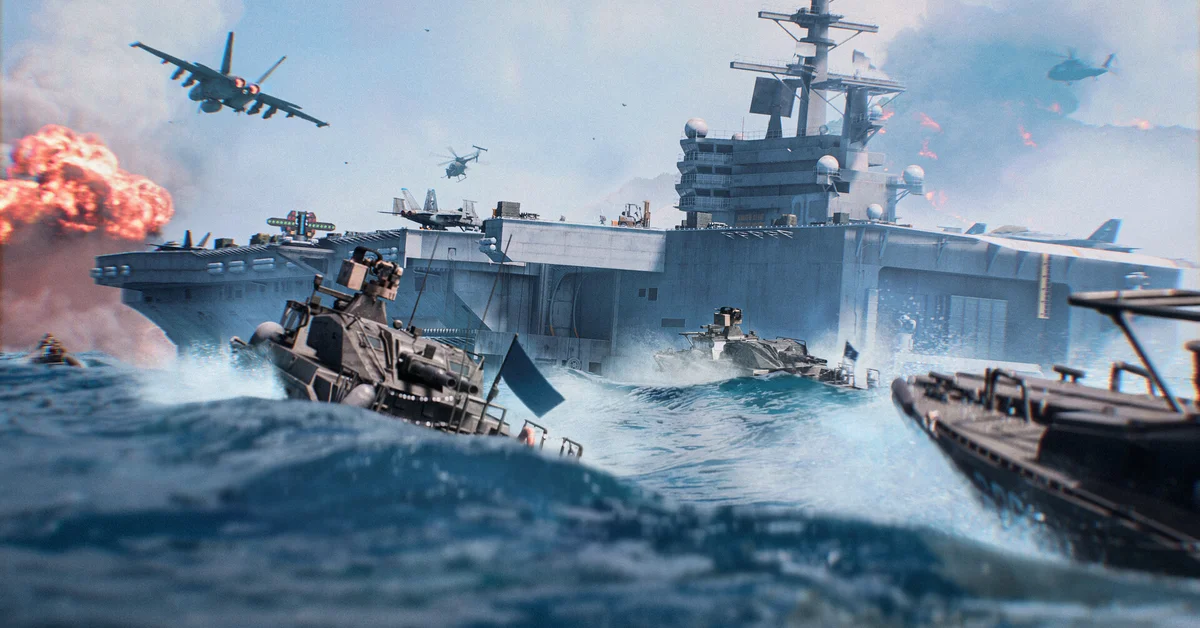 Assault boats and jets racing past an aircraft carrier in a naval battle in Battlefield 6
