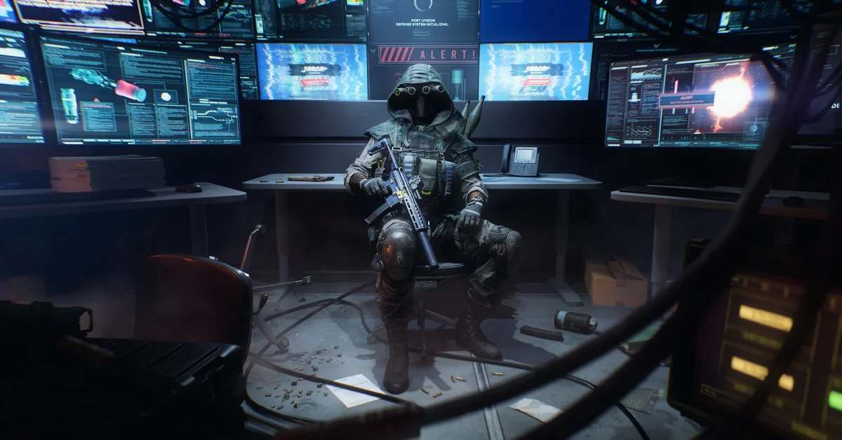 A hooded REDSEC soldier seated in a Fort Lyndon control room surrounded by alert screens in Battlefield 6