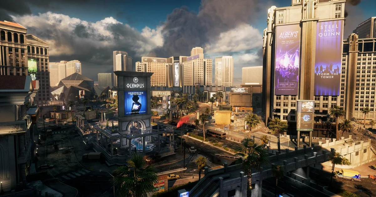 The Vegas Strip map in Battlefield 6 Season 5, with casino towers and the Olympus fountain under a smoky sky