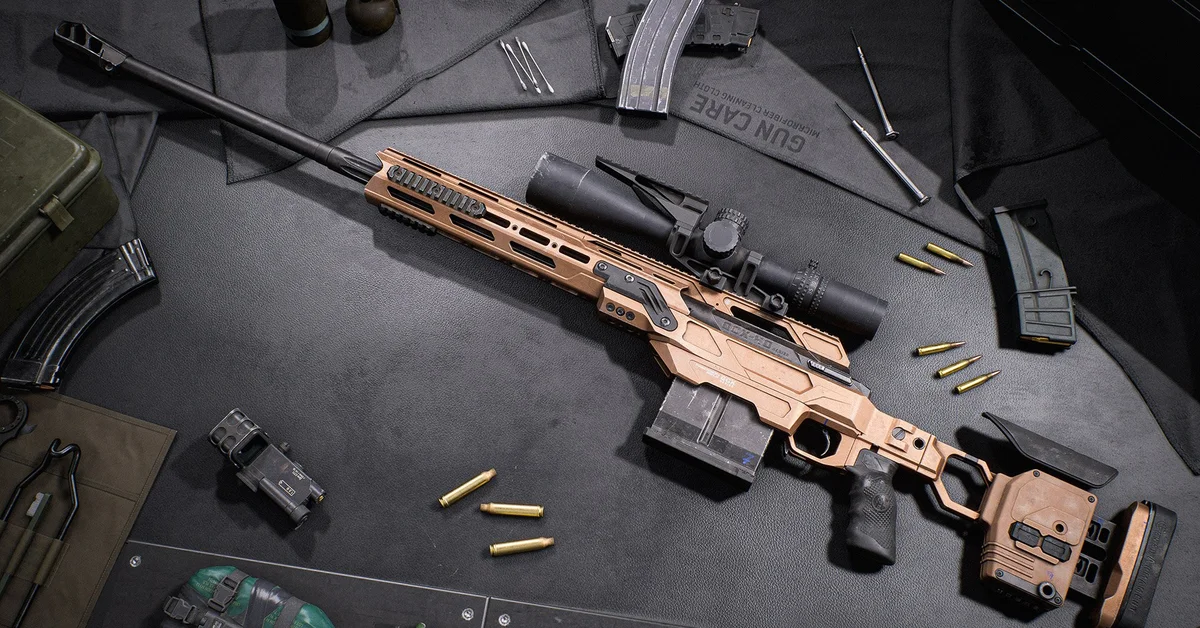 The ELR-40 bolt-action sniper rifle laid out on a workbench in EA's official Battlefield 6 Season 5 art