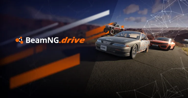BeamNG.drive PS5 key art showing a battered sedan, an off-road buggy and a sports car on a desert road
