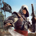 Edward Kenway, hood up, holds a cutlass and a flintlock pistol on a ship's deck in official Black Flag Resynced art