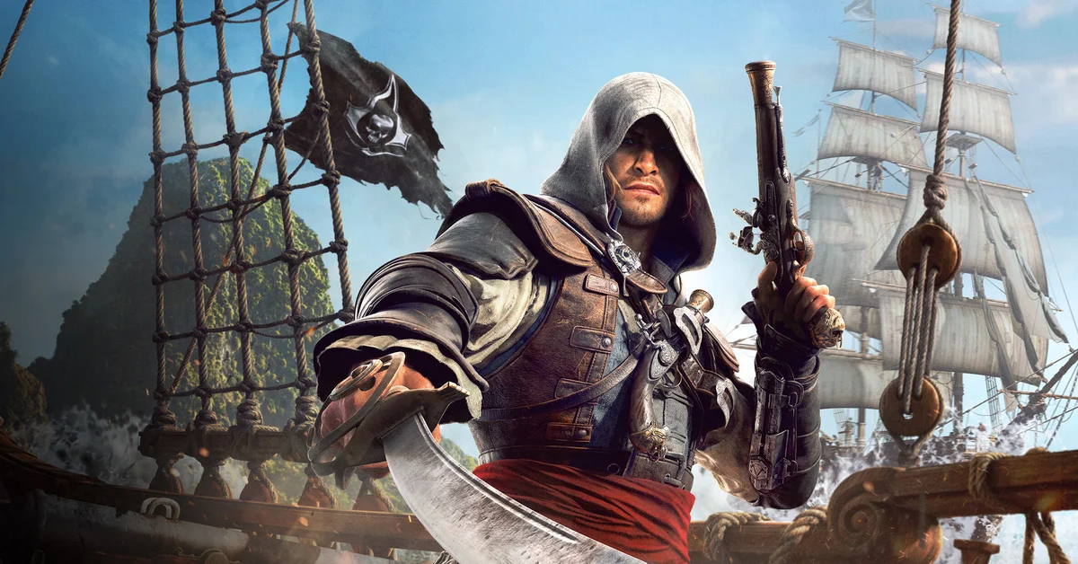 Edward Kenway, hood up, holds a cutlass and a flintlock pistol on a ship's deck in official Black Flag Resynced art