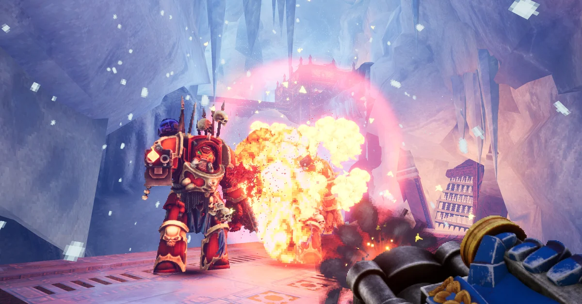 A red Khorne Berzerker caught in a fiery explosion inside an ice cavern in Warhammer 40,000 Boltgun 2