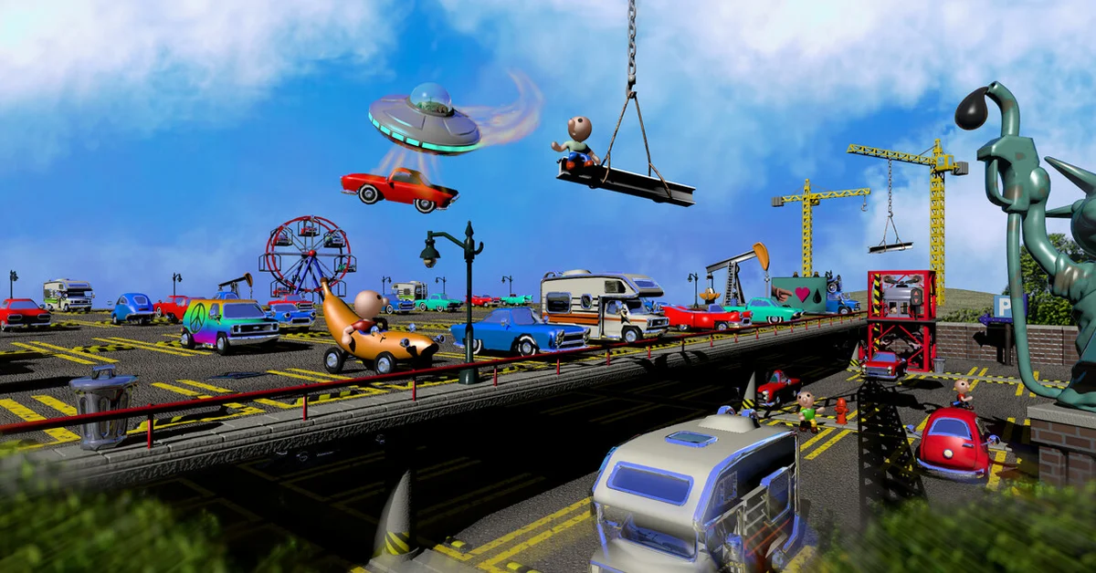 Official Car Park Capital key art of a colorful parking lot with a UFO lifting a car, a Ferris wheel and an oil pump