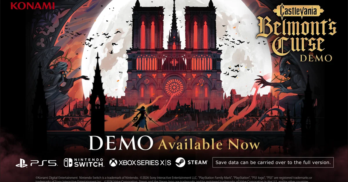 Castlevania Belmont's Curse demo artwork showing a gothic cathedral under a full moon