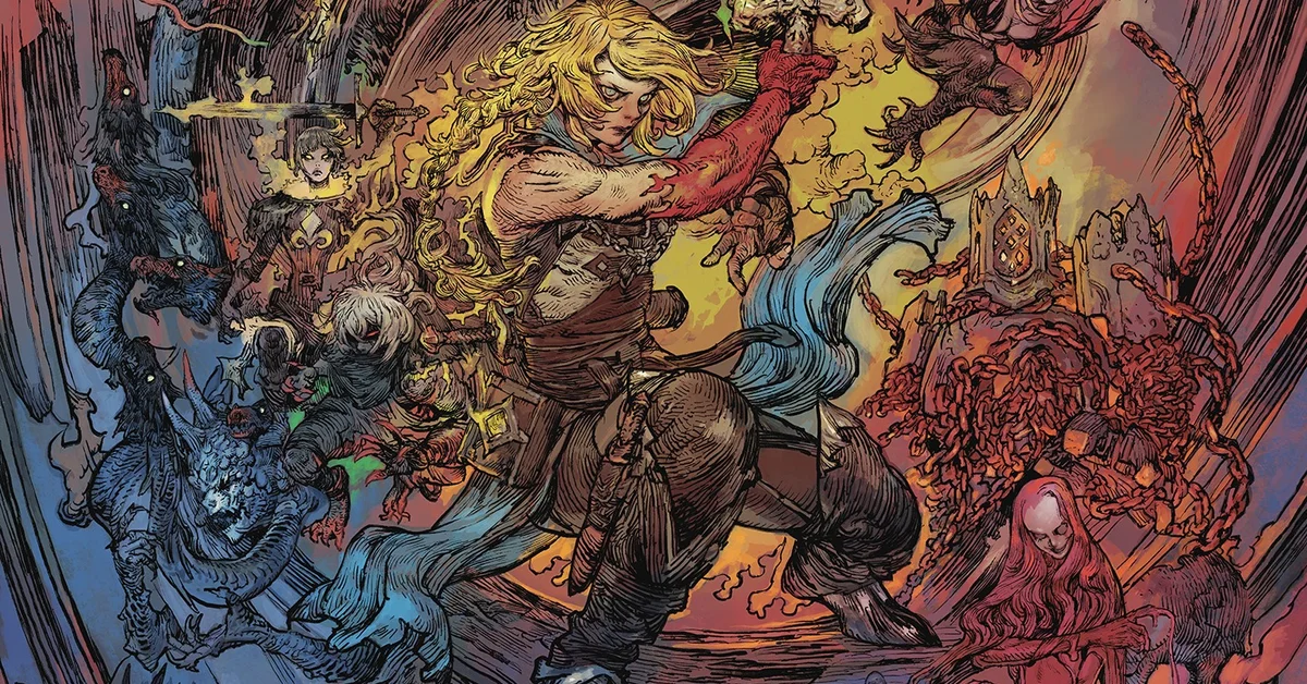 Katsuya Terada key art for Castlevania Belmont's Curse showing a whip-wielding Belmont surrounded by monsters in red, gold and blue ink