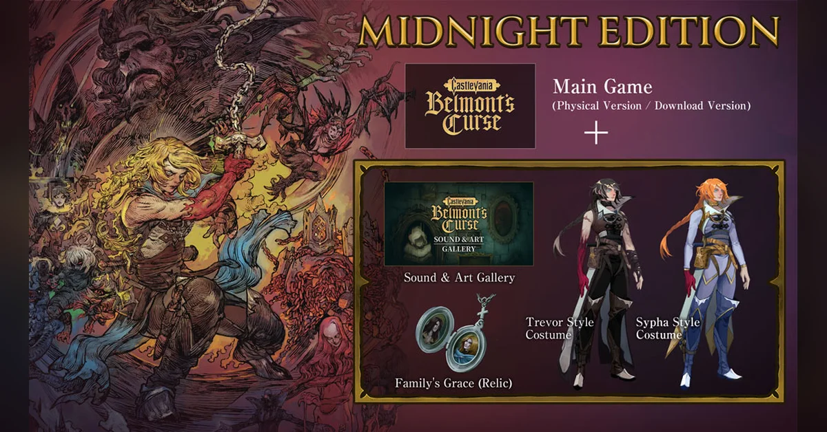 Official Castlevania Belmont's Curse Midnight Edition artwork showing the Sound and Art Gallery, Family's Grace relic, and Trevor Style and Sypha Style costumes