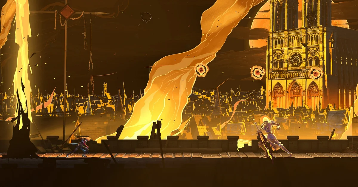 Rose Belmont faces an armored figure with a burning sword on a rooftop as Paris burns below Notre-Dame in Castlevania Belmont's Curse