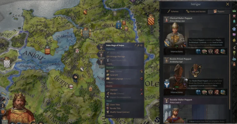 Official Crusader Kings III By God Alone screenshot of the Puppets tab in the Intrigue window