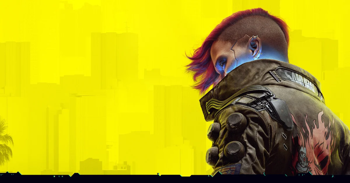 V in a Samurai jacket looks back over one shoulder against a yellow Night City skyline in official Cyberpunk 2077 key art
