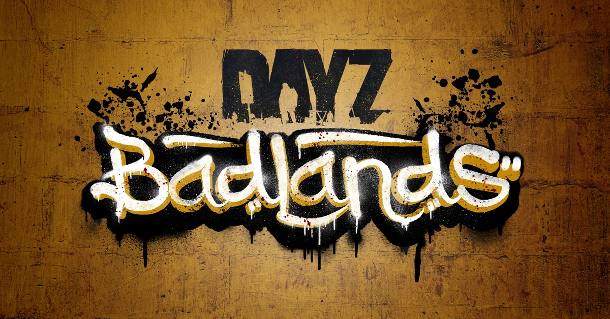 Official DayZ Badlands key art showing the spray-painted Badlands logo on a sand-colored wall