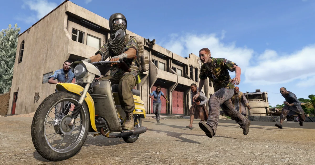 A survivor on a yellow moped speeds away from a crowd of infected in a dusty Nasdara street in DayZ Badlands