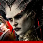 A horned demon queen looms between a survivor and a masked killer in official Dead by Daylight art