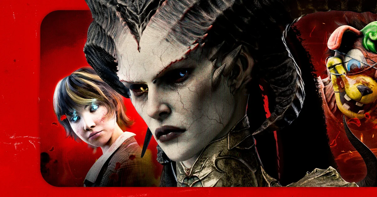 A horned demon queen looms between a survivor and a masked killer in official Dead by Daylight art