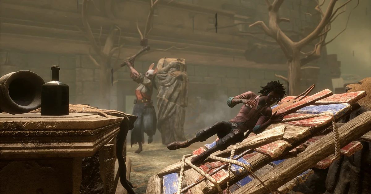 A survivor slides over a fallen pallet while a rabbit-masked killer swings an axe behind her in a ruined courtyard in Dead by Daylight