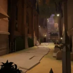 A lamplit cemetery path between brownstones in Deadlock